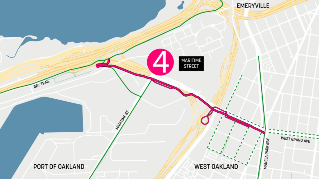 Map of West Oakland showing segment 4 of the Link path in pink.